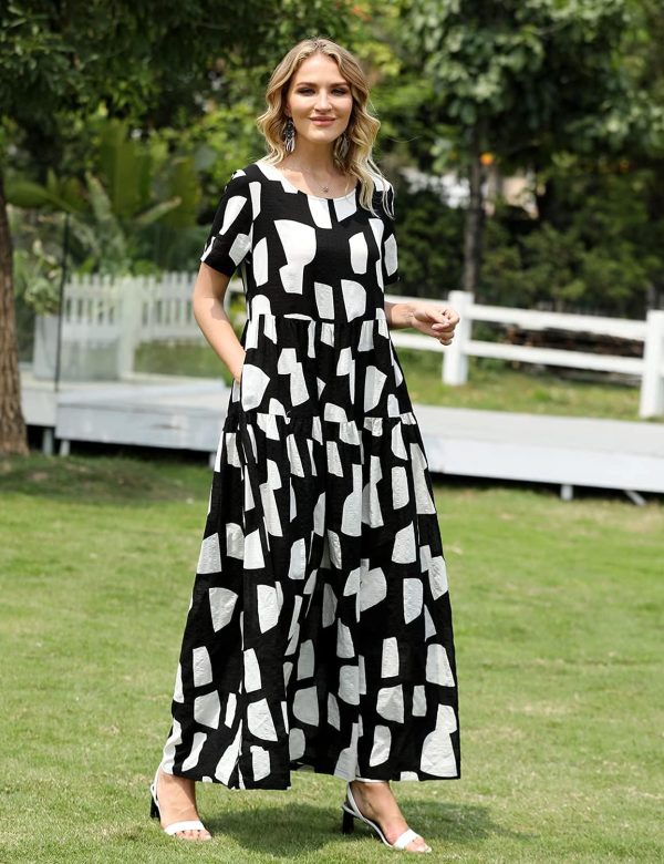 Women Casual Loose Bohemian Floral Dress with Pockets Short Sleeve Long Maxi Summer Beach Swing Dress EJF