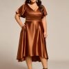 Summer V Neck Satin Short Sleeves Plus Size Formal Wedding Guest Dresses for Curvy Women with Pockets