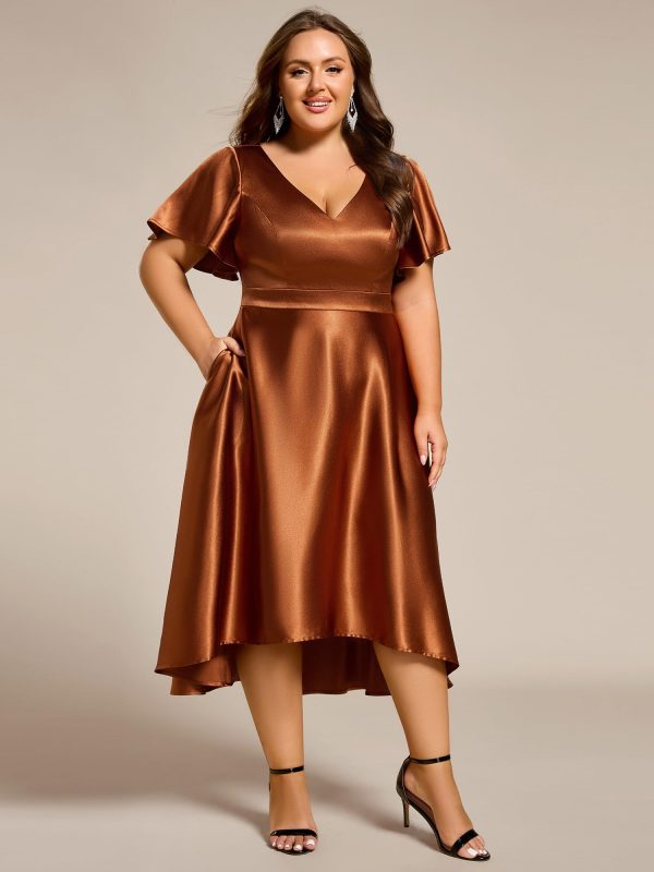 Summer V Neck Satin Short Sleeves Plus Size Formal Wedding Guest Dresses for Curvy Women with Pockets