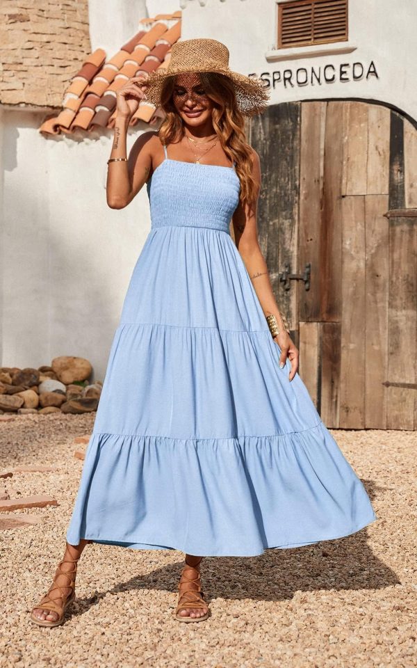Women's Summer Maxi Dress 2025 Casual Boho Sleeveless Spaghetti Strap Smocked Tiered Long Beach Sundresses