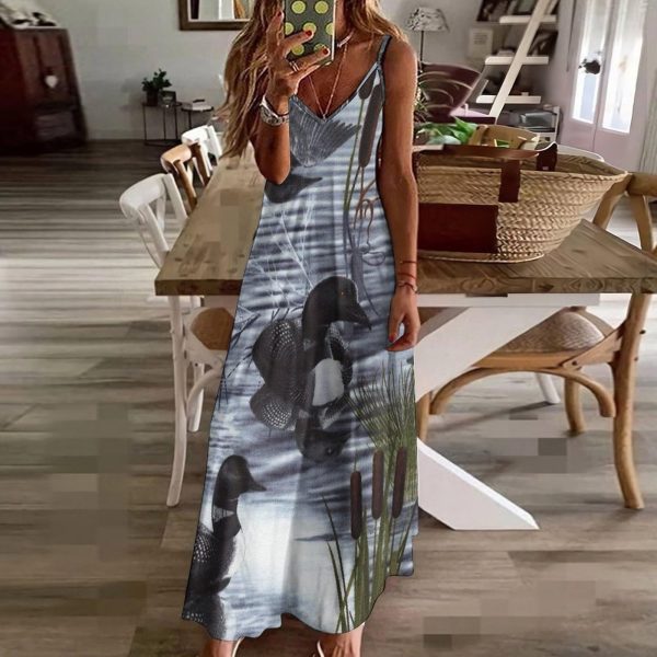 Loons Duck Maxi Dress for Women Summer Casual Sleeveless V Neck Spaghetti Dresses