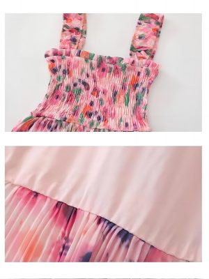 Women's Bohemian Summer Floral Printed Ruffle Pleated Halter Dress Beach Vacation Cute Pink Dresses