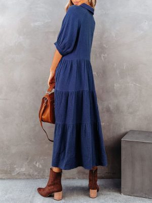 Women's Summer Cotton Half Sleeves Button Down Casual Loose Slit Midi Dress with Pockets
