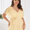 Women's Plus Size Chiffon A-Line Deep V-Neck Elastic Sash Waist Floor Length Formal Bridesmaid Dress