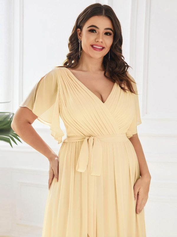 Women's Plus Size Chiffon A-Line Deep V-Neck Elastic Sash Waist Floor Length Formal Bridesmaid Dress