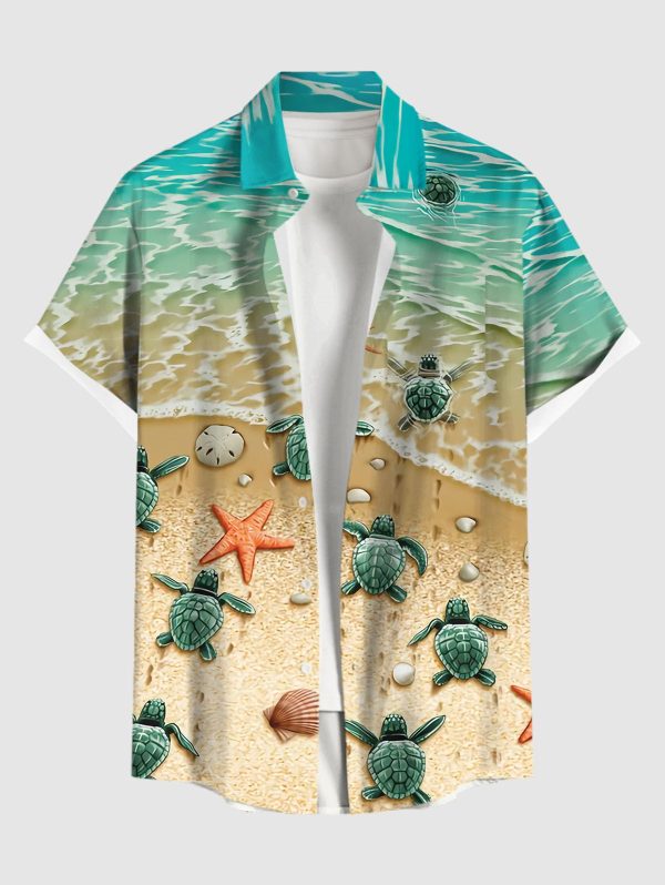 Matchable Couple Hawaiian Sea Beach Starfish Turtle Shell Print Shirt or Plus Size Midi Split A Line Dress