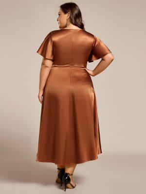 Summer V Neck Satin Short Sleeves Plus Size Formal Wedding Guest Dresses for Curvy Women with Pockets