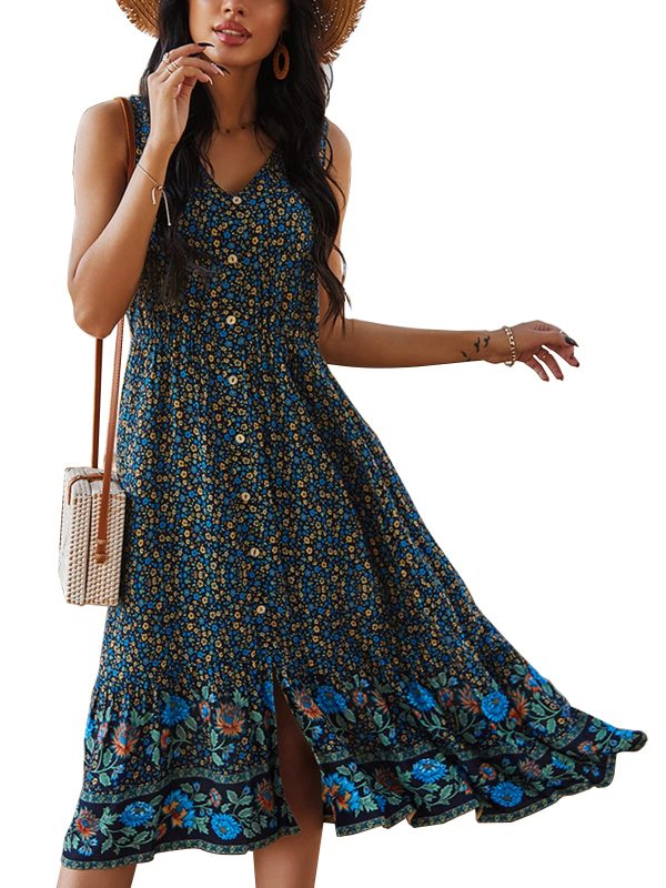Women Dress Summer Sleeveless Bohemian: Floral V Neck Button Down Flowy Boho Dresses S-XL