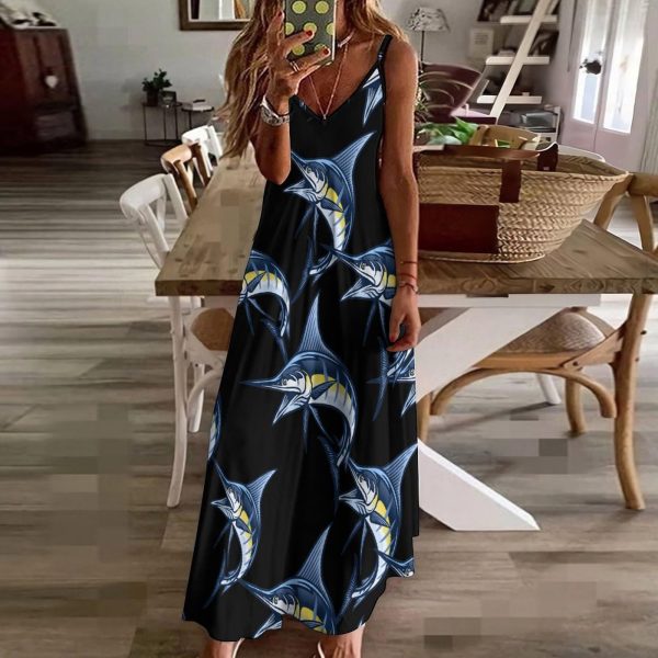 Marlin Fish Maxi Dress for Women Summer Casual Sleeveless V Neck Spaghetti Dresses