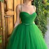 A line Ruched Tulle Prom Dress Spaghetti Straps for Women, Tea Length Sweetheart Homecoming Dress Cocktail Dress