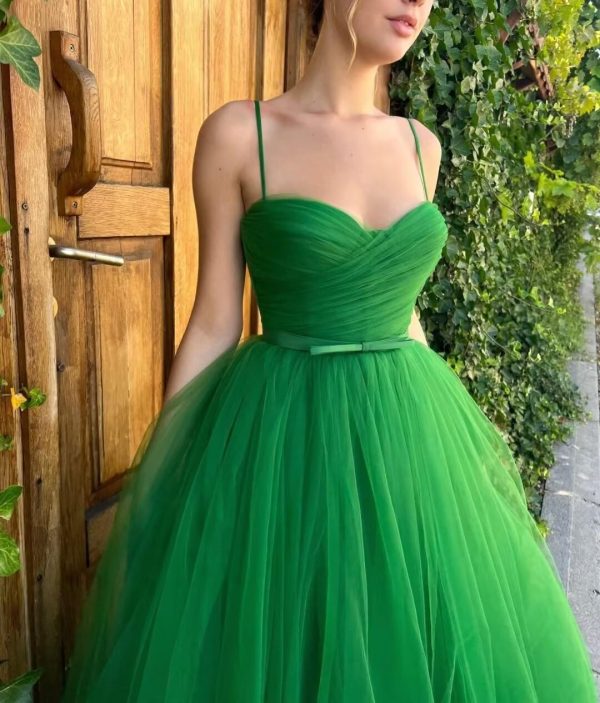 A line Ruched Tulle Prom Dress Spaghetti Straps for Women, Tea Length Sweetheart Homecoming Dress Cocktail Dress