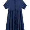 Women's Summer Cotton Half Sleeves Button Down Casual Loose Slit Midi Dress with Pockets