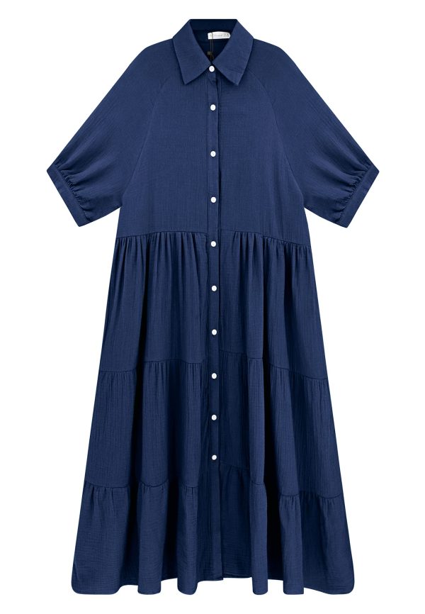 Women's Summer Cotton Half Sleeves Button Down Casual Loose Slit Midi Dress with Pockets