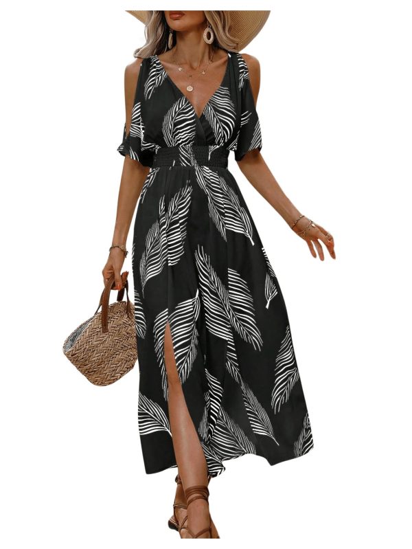 Women's Summer Maxi Casual Dresses 2024 Cold Shoulder V Neck Short Sleeve Dress