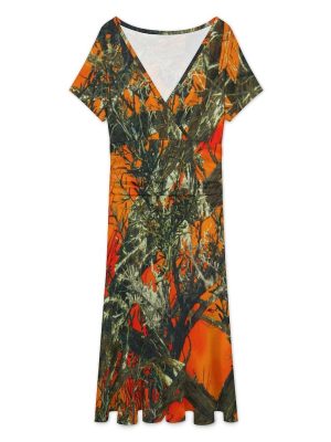 Orange Camouflage Women's Midi Dress Short Sleeve Dresses V Neck Sundress Casual Summer