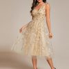 Women's A Line V Neck Open Back Sleeveless Ruched Sequin Knee Length Formal Dress 02106