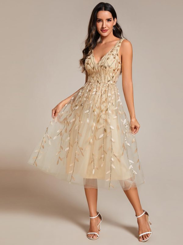 Women's A Line V Neck Open Back Sleeveless Ruched Sequin Knee Length Formal Dress 02106