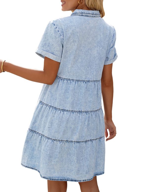 Women's Short Sleeve Button Down Flowy Tiered Babydoll Denim Dress