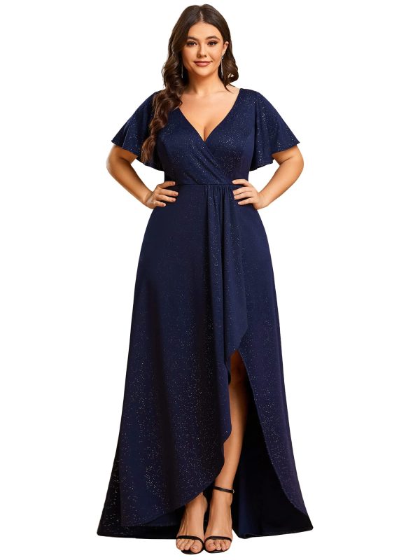 Sparkle V Neck A Line Ruffle Sleeve High Low Glitter Cocktail Wedding Guest Dresses for Curvy Women