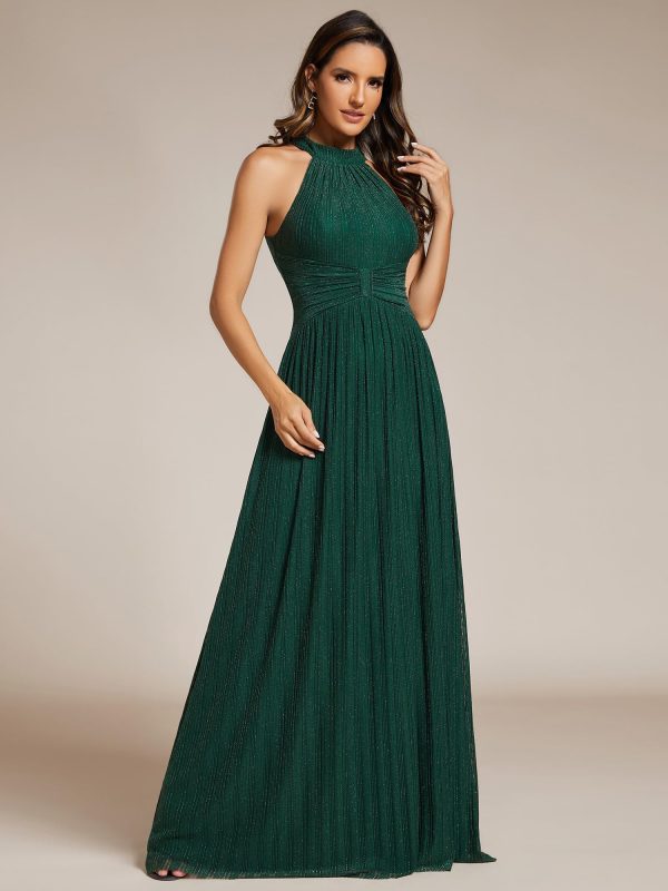 Women's Halter Neck Summer Formal Dresses Sleeveless Pletaed Floor Length Glitter Evening Dresses 41961