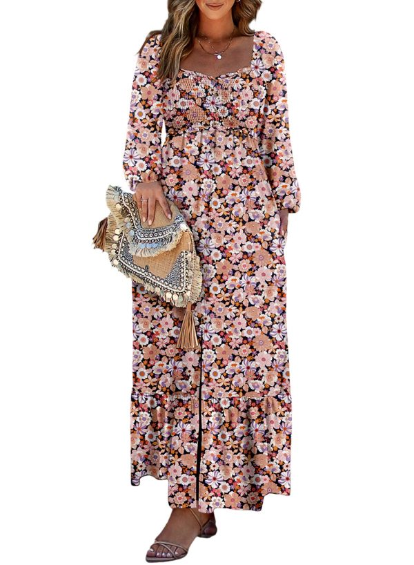 Spring Dresses for Women 2025 Boho Floral Smocked Square Neck Long Sleeve Button Down Beach Long Maxi Dress Sundress