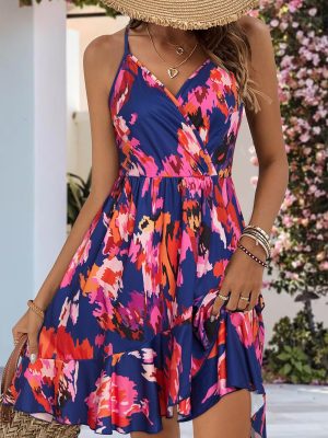 Womens Summer Dresses Floral V Neck Ruffled Hem Spaghetti Spring Casual Beach Outfits Flowy Wrap Sun Dress
