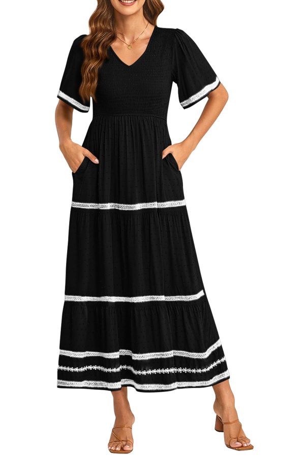 Women's Casual Summer Maxi Dress Short Sleeve Swiss Dot V Neck Smocked Long Flowy Beach Dresses