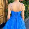 A line Ruched Tulle Prom Dress Spaghetti Straps for Women, Tea Length Sweetheart Homecoming Dress Cocktail Dress