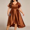 Summer V Neck Satin Short Sleeves Plus Size Formal Wedding Guest Dresses for Curvy Women with Pockets