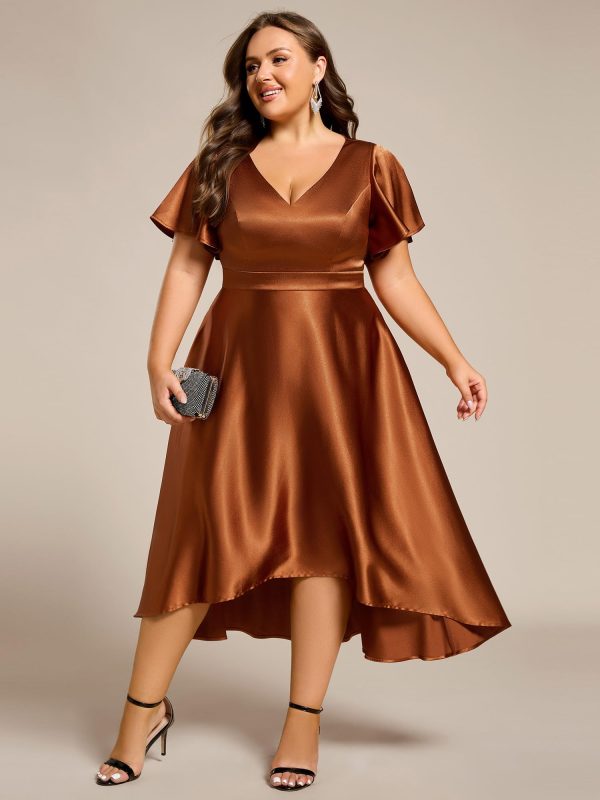 Summer V Neck Satin Short Sleeves Plus Size Formal Wedding Guest Dresses for Curvy Women with Pockets