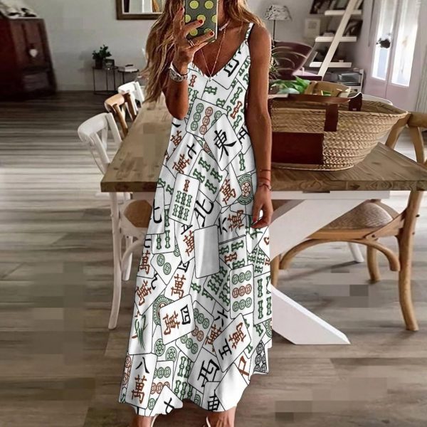 Mahjong Tiles Maxi Dress for Women Summer Casual Sleeveless V Neck Spaghetti Dresses