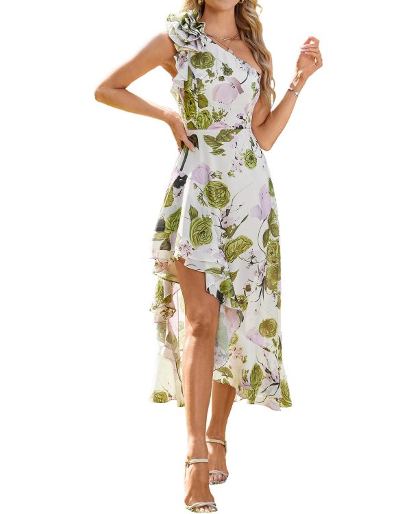 Womens Summer One Shoulder Sleeveless Dresses Floral Flowy Ruffle High Low Wedding Guest Maxi Sundresses