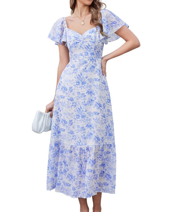 Women's 2025 Summer Midi Floral Boho Dresses Casual Flowy Beach Short Sleeve Dress Ruffle Hem Smocked Sundresses