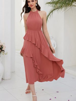 Women's 2024 Summer Sleeveless Halter Neck Ruffle Hem Split Flowy Swing Long Midi Dress with Belt