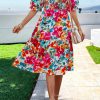 Women's Summer Casual Dresses 2025 Spring Puff Sleeve Square Neck A-line Flowy Boho Floral Smocked Midi Dress