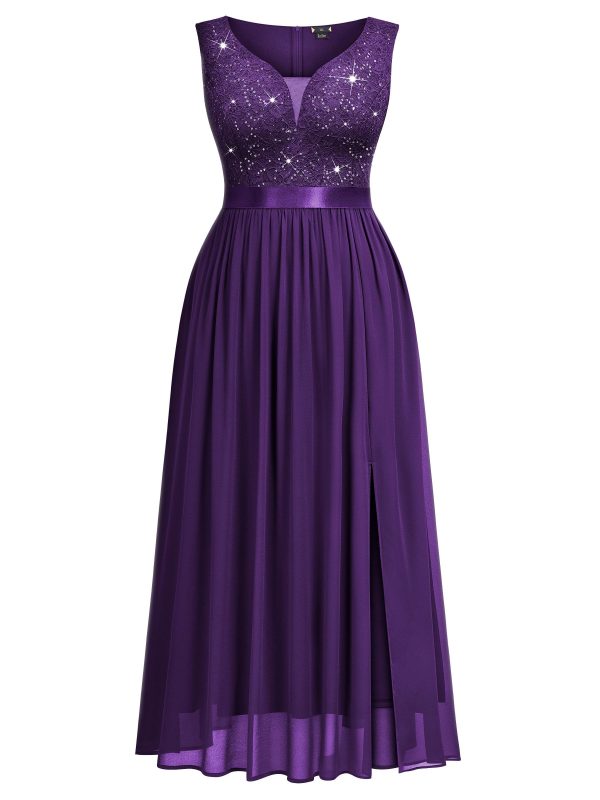 Women's Plus Size Sequin Lace Deep V-Neck Sleeveless Slit Formal Evening Maxi Dresses