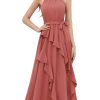 Women's 2024 Summer Sleeveless Halter Neck Ruffle Hem Split Flowy Swing Long Midi Dress with Belt