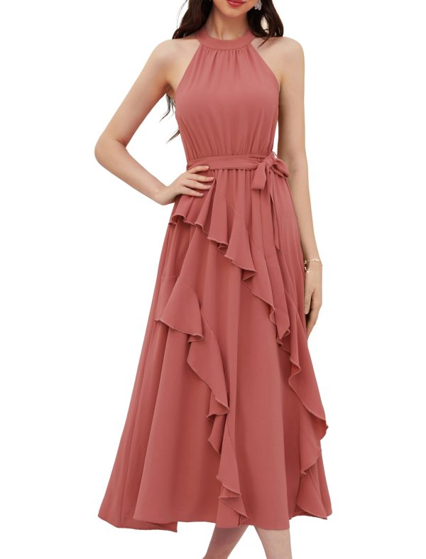 Women's 2024 Summer Sleeveless Halter Neck Ruffle Hem Split Flowy Swing Long Midi Dress with Belt