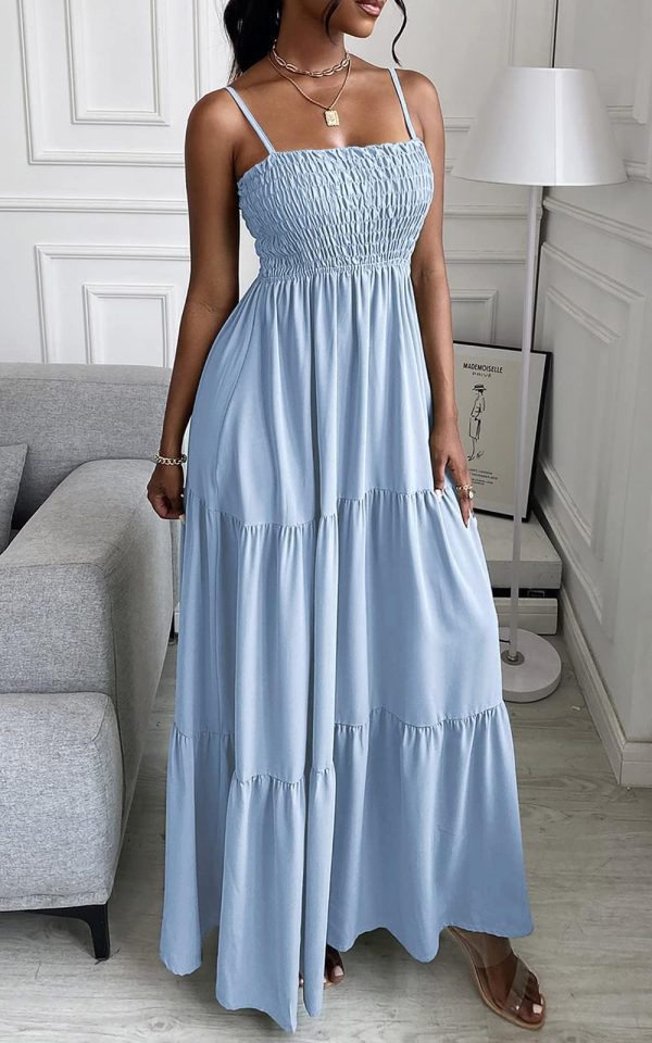 Women's Summer Maxi Dress 2025 Casual Boho Sleeveless Spaghetti Strap Smocked Tiered Long Beach Sundresses