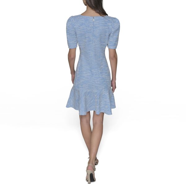 Women's Puff Sleeve Swaure Neck Flounce Tweed A-line Mini Dress