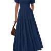 Womens Summer Puff Short Sleeve Maxi Dress Square Neck Smocked Tiered Ruffle A Line Long Flowy Beach Dresses