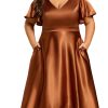 Summer V Neck Satin Short Sleeves Plus Size Formal Wedding Guest Dresses for Curvy Women with Pockets