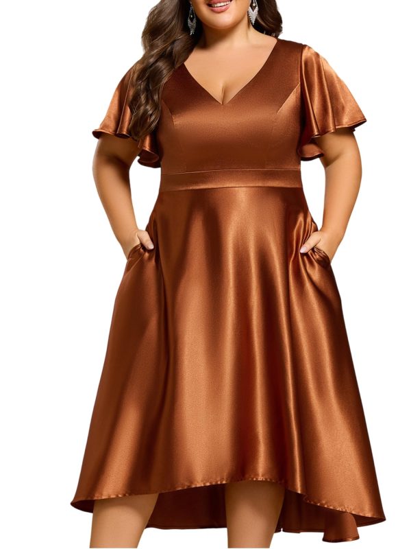 Summer V Neck Satin Short Sleeves Plus Size Formal Wedding Guest Dresses for Curvy Women with Pockets