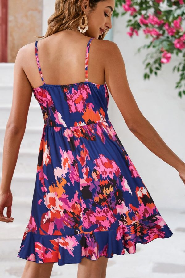 Womens Summer Dresses Floral V Neck Ruffled Hem Spaghetti Spring Casual Beach Outfits Flowy Wrap Sun Dress