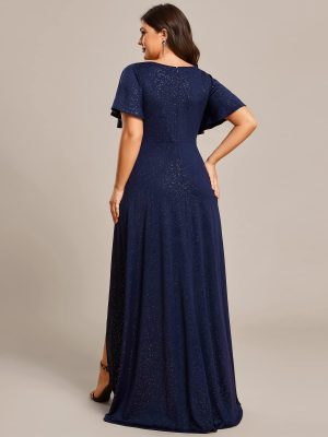 Sparkle V Neck A Line Ruffle Sleeve High Low Glitter Cocktail Wedding Guest Dresses for Curvy Women