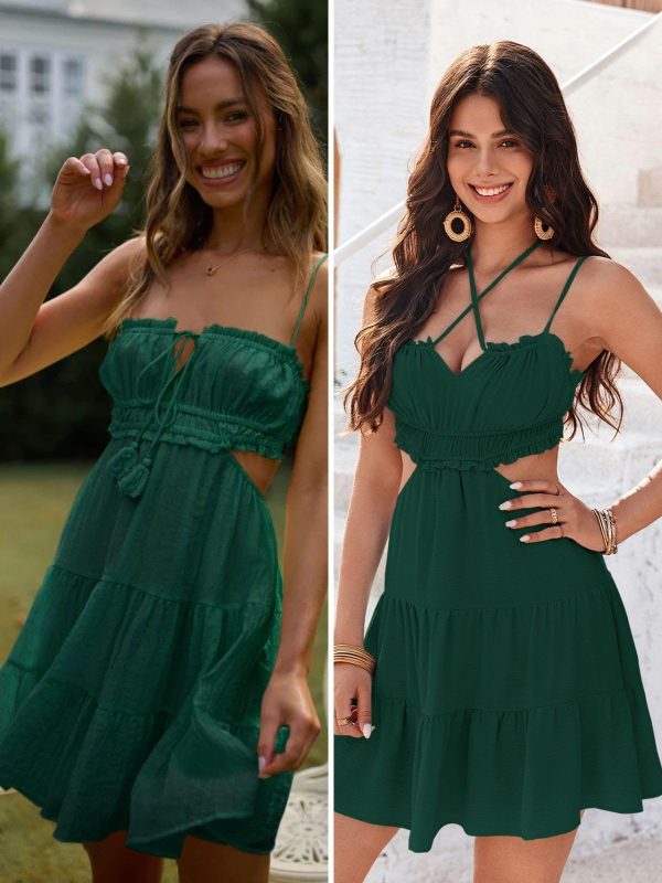 Women's Summer Beach Mini Dress Adjustable Spaghetti Straps Sexy Backless Tiered Sleeveless Boho Dresses