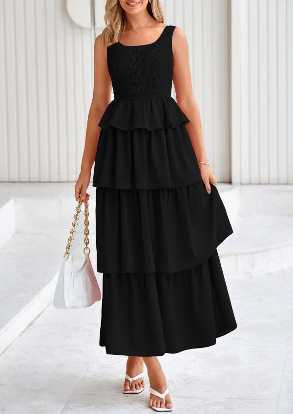 Womens 2025 Summer Sleeveless Midi Dress Scoop Neck A Line Smocked Ruffle Tiered Layered Beach Vacation Dresses