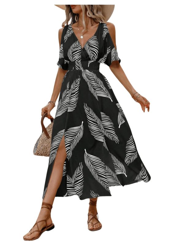 Women's Summer Maxi Casual Dresses 2024 Cold Shoulder V Neck Short Sleeve Dress