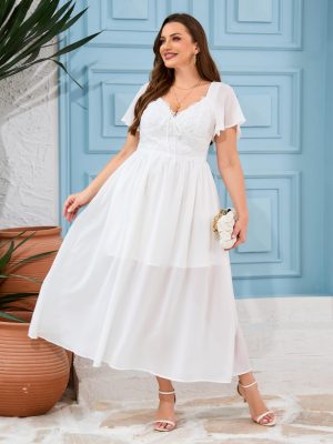 Women's Plus Size Lace Maxi Dress Short Sleeve V Neck Flowy Empire Waist Smocked Back Wedding Guest Dress