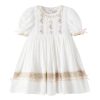 Girl Dress, Embroidered Floral Heirloom, Lace Crew Collar, Puff Sleeve, Cotton Kids Casual Clothing